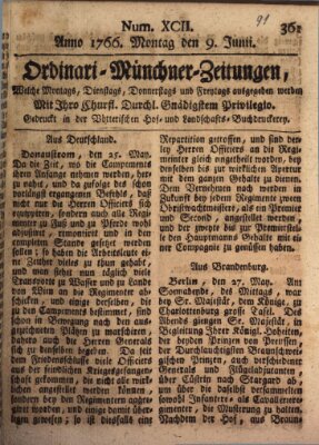 Ordinari-Münchner-Zeitungen (Süddeutsche Presse) Montag 9. Juni 1766