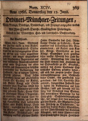 Ordinari-Münchner-Zeitungen (Süddeutsche Presse) Donnerstag 12. Juni 1766