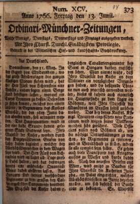 Ordinari-Münchner-Zeitungen (Süddeutsche Presse) Freitag 13. Juni 1766