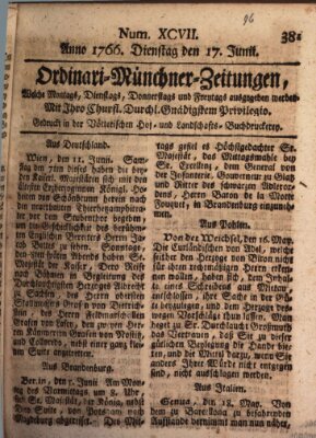 Ordinari-Münchner-Zeitungen (Süddeutsche Presse) Dienstag 17. Juni 1766