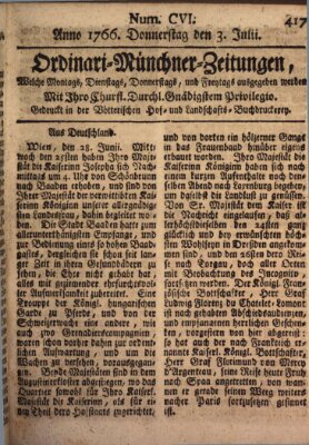 Ordinari-Münchner-Zeitungen (Süddeutsche Presse) Donnerstag 3. Juli 1766