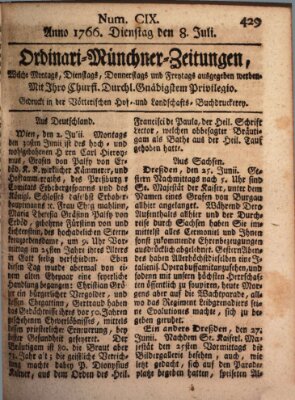 Ordinari-Münchner-Zeitungen (Süddeutsche Presse) Dienstag 8. Juli 1766