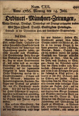 Ordinari-Münchner-Zeitungen (Süddeutsche Presse) Montag 14. Juli 1766