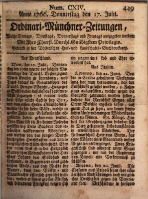 Ordinari-Münchner-Zeitungen (Süddeutsche Presse) Donnerstag 17. Juli 1766