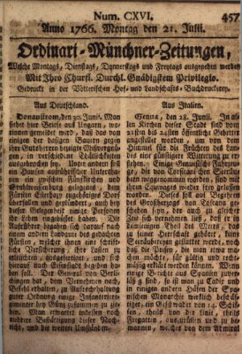 Ordinari-Münchner-Zeitungen (Süddeutsche Presse) Montag 21. Juli 1766