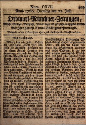 Ordinari-Münchner-Zeitungen (Süddeutsche Presse) Dienstag 22. Juli 1766