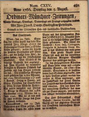Ordinari-Münchner-Zeitungen (Süddeutsche Presse) Tuesday 5. August 1766