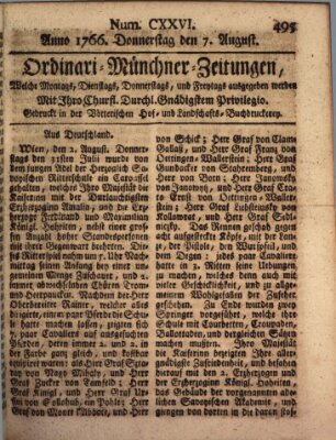 Ordinari-Münchner-Zeitungen (Süddeutsche Presse) Donnerstag 7. August 1766