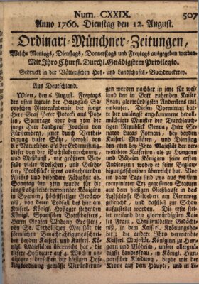 Ordinari-Münchner-Zeitungen (Süddeutsche Presse) Dienstag 12. August 1766