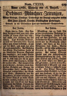 Ordinari-Münchner-Zeitungen (Süddeutsche Presse) Montag 18. August 1766