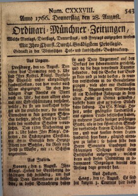 Ordinari-Münchner-Zeitungen (Süddeutsche Presse) Donnerstag 28. August 1766