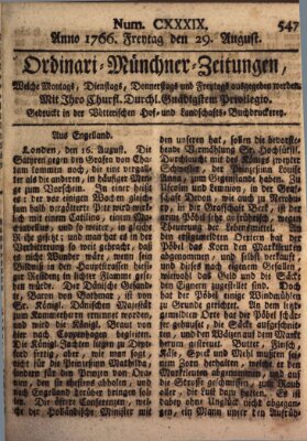 Ordinari-Münchner-Zeitungen (Süddeutsche Presse) Freitag 29. August 1766