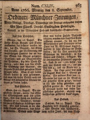 Ordinari-Münchner-Zeitungen (Süddeutsche Presse) Montag 8. September 1766