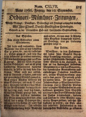 Ordinari-Münchner-Zeitungen (Süddeutsche Presse) Freitag 12. September 1766