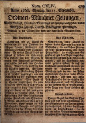 Ordinari-Münchner-Zeitungen (Süddeutsche Presse) Montag 15. September 1766