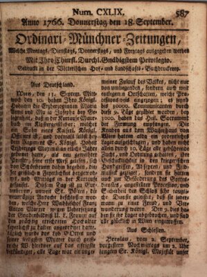 Ordinari-Münchner-Zeitungen (Süddeutsche Presse) Donnerstag 18. September 1766