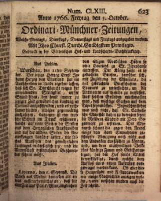 Ordinari-Münchner-Zeitungen (Süddeutsche Presse) Freitag 3. Oktober 1766