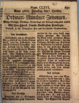 Ordinari-Münchner-Zeitungen (Süddeutsche Presse) Dienstag 7. Oktober 1766