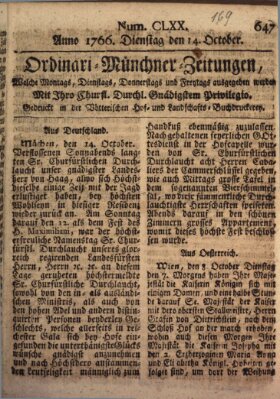 Ordinari-Münchner-Zeitungen (Süddeutsche Presse) Dienstag 14. Oktober 1766