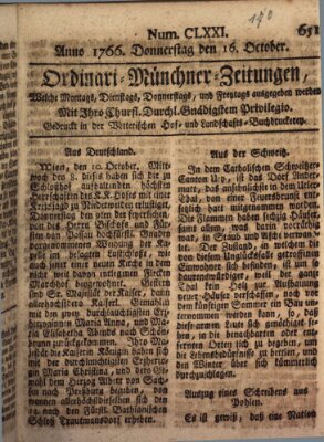 Ordinari-Münchner-Zeitungen (Süddeutsche Presse) Donnerstag 16. Oktober 1766