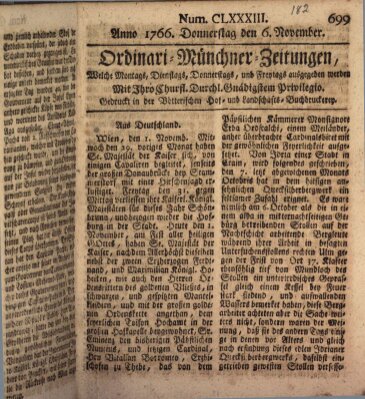 Ordinari-Münchner-Zeitungen (Süddeutsche Presse) Donnerstag 6. November 1766