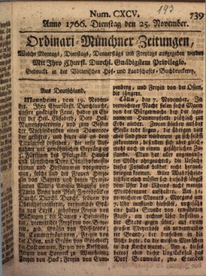 Ordinari-Münchner-Zeitungen (Süddeutsche Presse) Dienstag 25. November 1766