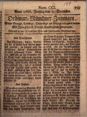 Ordinari-Münchner-Zeitungen (Süddeutsche Presse) Freitag 5. Dezember 1766