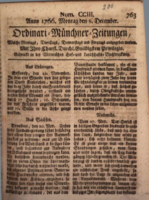 Ordinari-Münchner-Zeitungen (Süddeutsche Presse) Montag 8. Dezember 1766