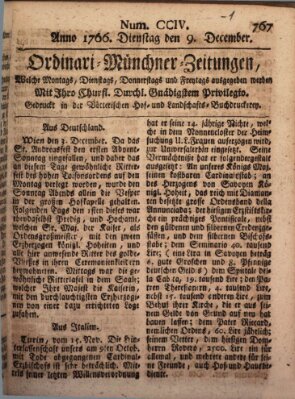 Ordinari-Münchner-Zeitungen (Süddeutsche Presse) Dienstag 9. Dezember 1766