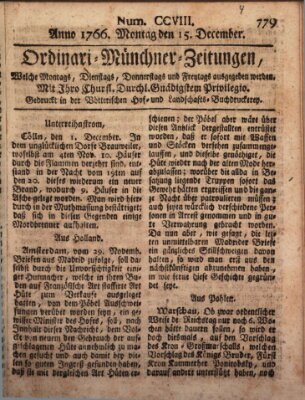 Ordinari-Münchner-Zeitungen (Süddeutsche Presse) Montag 15. Dezember 1766