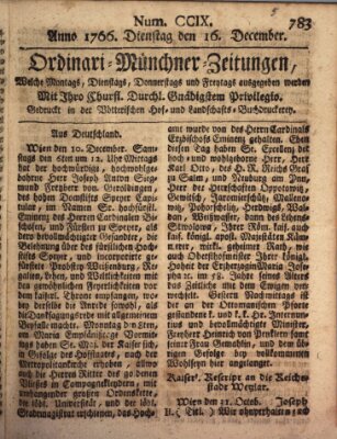 Ordinari-Münchner-Zeitungen (Süddeutsche Presse) Dienstag 16. Dezember 1766