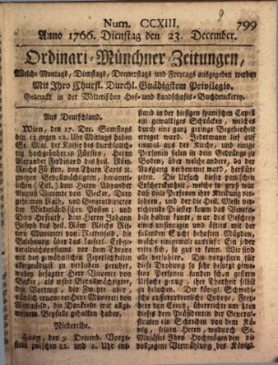 Ordinari-Münchner-Zeitungen (Süddeutsche Presse) Dienstag 23. Dezember 1766