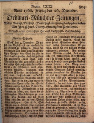 Ordinari-Münchner-Zeitungen (Süddeutsche Presse) Freitag 26. Dezember 1766