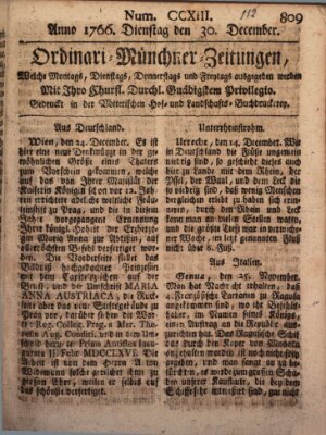 Ordinari-Münchner-Zeitungen (Süddeutsche Presse) Dienstag 30. Dezember 1766