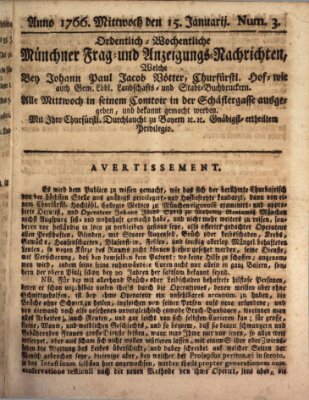 Ordinari-Münchner-Zeitungen (Süddeutsche Presse) Mittwoch 15. Januar 1766