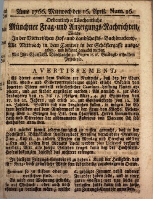 Ordinari-Münchner-Zeitungen (Süddeutsche Presse) Mittwoch 16. April 1766