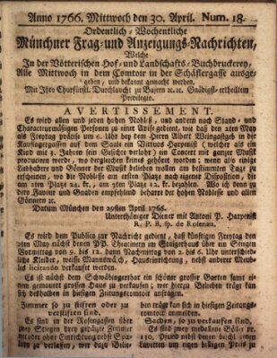 Ordinari-Münchner-Zeitungen (Süddeutsche Presse) Mittwoch 30. April 1766