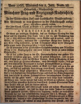 Ordinari-Münchner-Zeitungen (Süddeutsche Presse) Mittwoch 2. Juli 1766