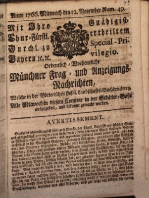 Ordinari-Münchner-Zeitungen (Süddeutsche Presse) Mittwoch 12. November 1766