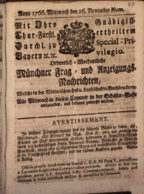 Ordinari-Münchner-Zeitungen (Süddeutsche Presse) Mittwoch 26. November 1766