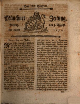 Münchner Zeitung (Süddeutsche Presse) Freitag 3. August 1770