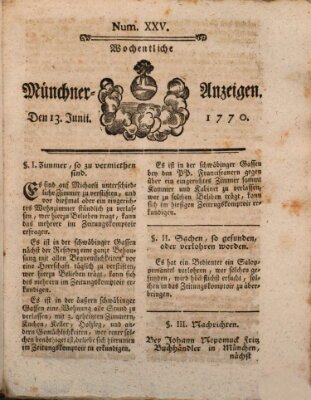 Münchner Zeitung (Süddeutsche Presse) Mittwoch 13. Juni 1770