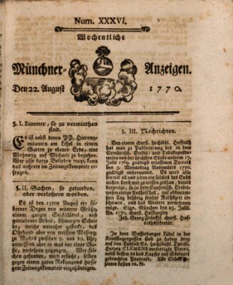 Münchner Zeitung (Süddeutsche Presse) Mittwoch 22. August 1770