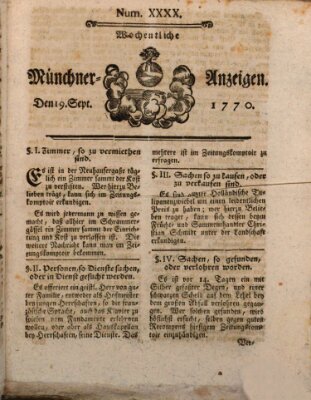 Münchner Zeitung (Süddeutsche Presse) Mittwoch 19. September 1770