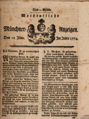 Münchner Zeitung (Süddeutsche Presse) Mittwoch 12. Januar 1774