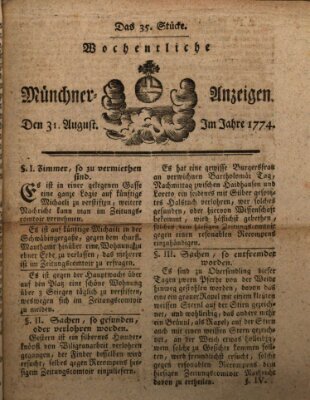 Münchner Zeitung (Süddeutsche Presse) Mittwoch 31. August 1774