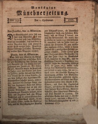 Münchner Zeitung (Süddeutsche Presse) Montag 1. Dezember 1777