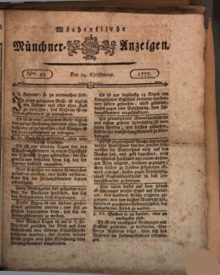 Münchner Zeitung (Süddeutsche Presse) Mittwoch 24. Dezember 1777