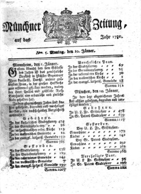 Münchner Zeitung (Süddeutsche Presse) Montag 10. Januar 1780