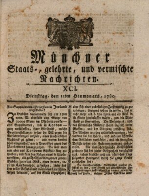 Münchner staats-, gelehrte, und vermischte Nachrichten (Süddeutsche Presse) Dienstag 11. Juli 1780